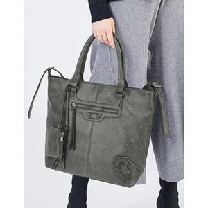 REMOVABLE STRAP CROSSBODY HOBO WITH FRONT‎ ZIP POCKET Charcoal Gray Faux Leather